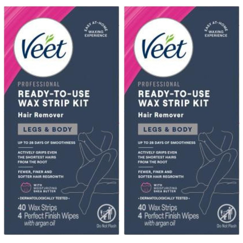 Veet Leg & Body Hair Removal Kit- Sensitive Formula, Ready-to-use Cold Wax Strips, Shea Butter & Acai Fragrance, 40 Count (Pack of 2)