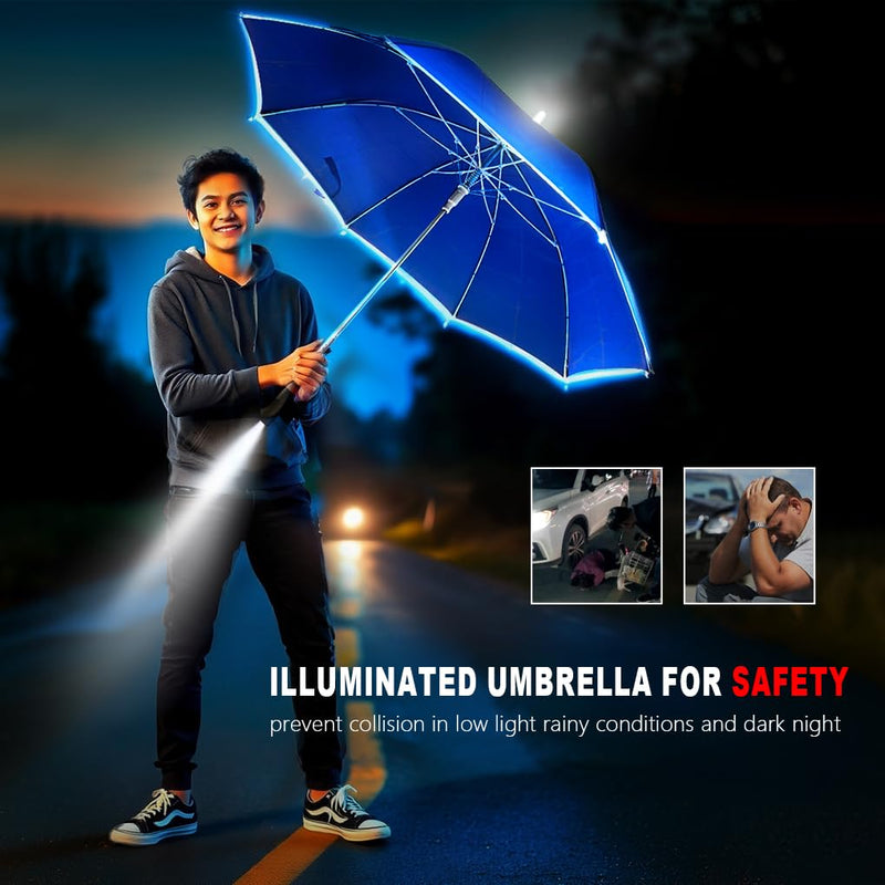 Auto-Open Light Up LED Rain Umbrella,32" Handheld Sun Wind Umbrella with Bottom Flashlight and Safety Reflective Strip for All Ages Boys/Girls/Adults