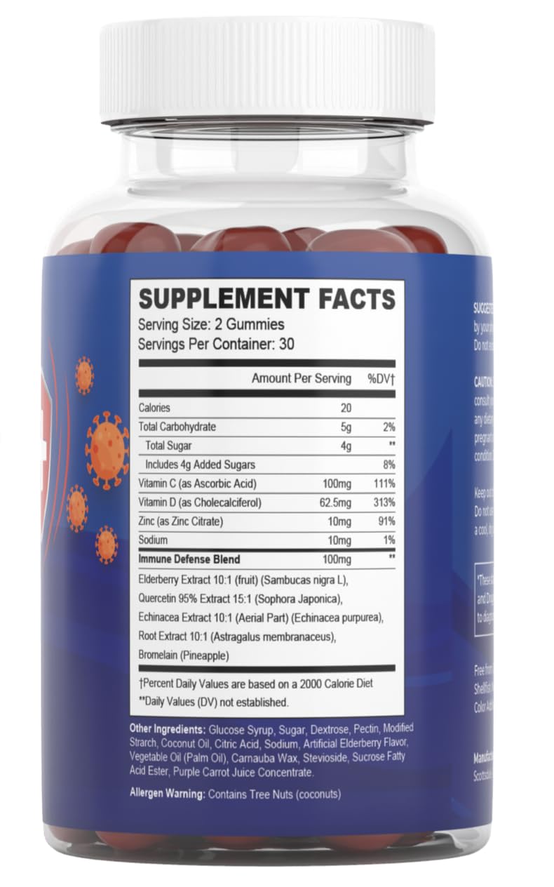 [Australia] - 8 in 1 Immune Defense Booster Supplement Gummies with Astragalus Root, Vitamin C and Zinc, Vitamin D3, Elderberry and Quercetin (2 Pack) 