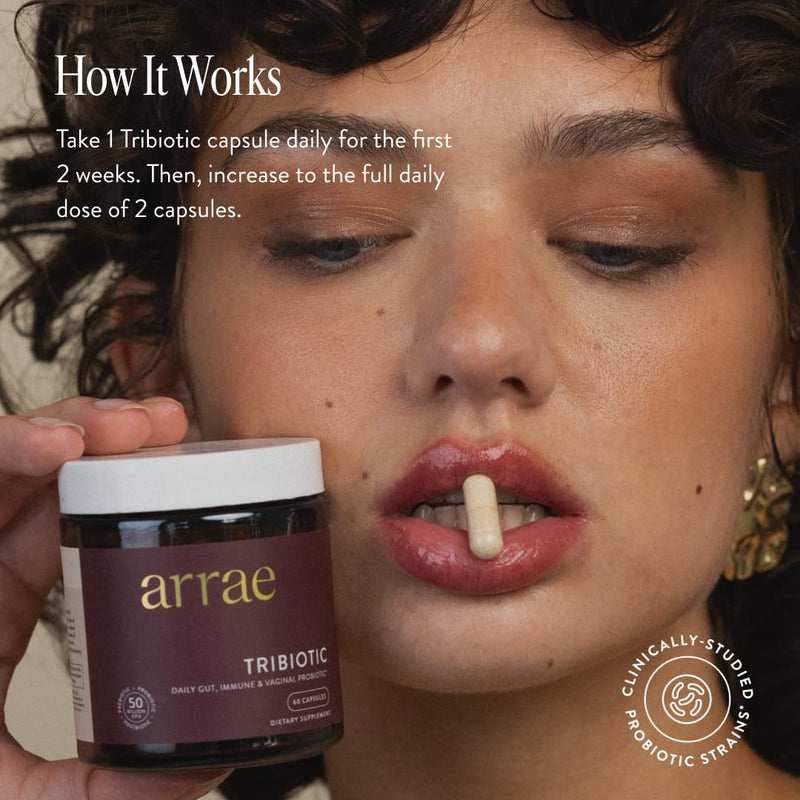 [Australia] - Arrae Tribiotic, Probiotics for Women, Support for Vaginal pH Balance, Gut, Immune, and Feminine Health, Prebiotics, Probiotics, Postbiotics, 60 Count 