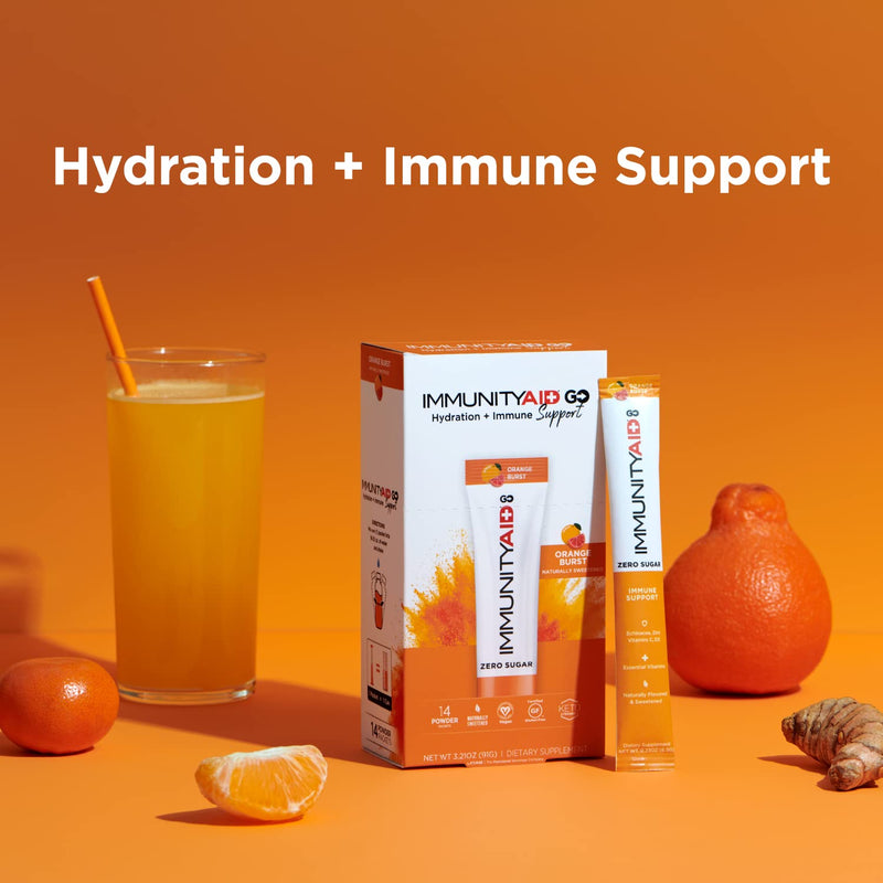 LIFEAID IMMUNITYAID GO Zero Sugar Hydration Packets (14 Packets) | Zero sugar immunity & hydration stick packs with Vitamin C, Zinc, Echinacea, & Astragalus Root. 5 calories, keto, & vegan. Immunity (Orange Burst) 14 Servings