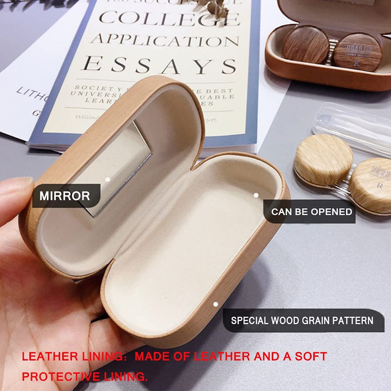 [Australia] - CARUNCOO Wood Grain Contact Lens Case Compact Eye Contact Case for Travelling Portable Contact Box with Mirror Rectangle，Cute Colorful Especially Elegant Brown 4 Piece Set 