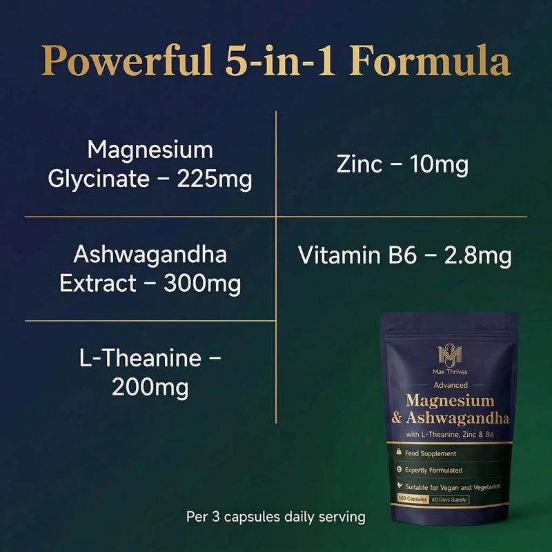 Magnesium Glycinate 5 in 1 Complex - Magnesium Supplement with Ashwagandha, L-Theanine, Zinc & Vitamin B6 – 180 Vegan Capsules – High Strength Magnesium Complex - Muscle Function & Nervous System