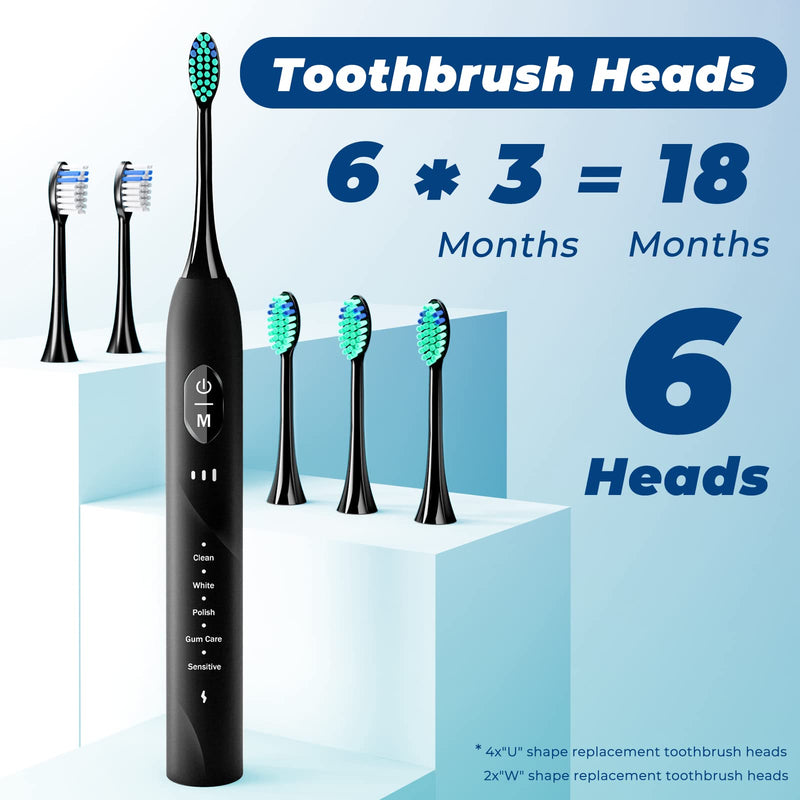 Sonic Electric Toothbrush for Adults, Rechargeable with 6 Replacement Brush Heads, 5 Modes and 3 Intensity, with 2-Minute Intelligent Timer and IPX7 Waterproof Technology, in Antique Black
