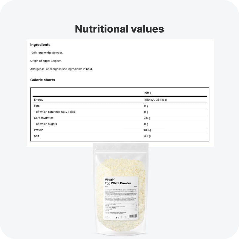 Vilgain Dried Egg Whites Powder - High Protein, Zero Fat Sugar Cholesterol - for Baking, Smoothies, Cooking - 500g, Pasteurised, Unflavoured - Keto & Gluten Free, Paleo Friendly - Egg White Protein