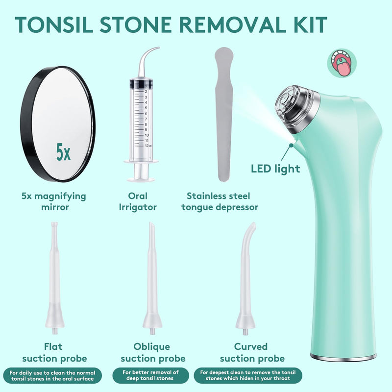 [Australia] - Electronic Vacuum Tonsil Stone Remover - Tonsil Stone Removal Kit with Built-in LED Light & 3 Suction Mode - Fight Bad Breath Oral Irrigator & 5X Magnifying Mirror for Tonsil Stone Removal - Green 