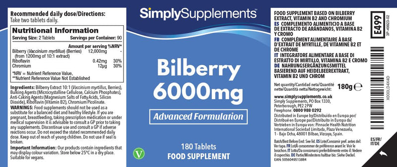 Bilberry Plus Extract 6,000mg | with Vitamin B2 | High-Potency Standardised Extract | Vegan & Vegetarian Friendly | 90 Tablets – 3 Month Supply | Made in the UK in Accordance with GMP Standards