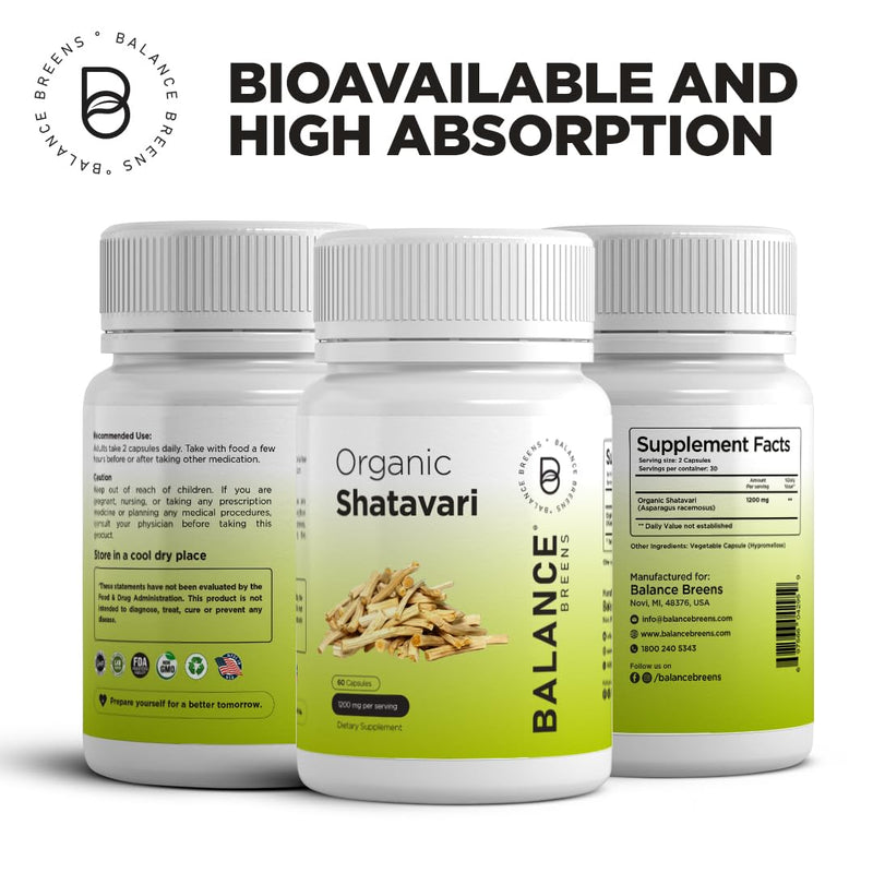 [Australia] - Organic Shatavari Capsules 1200mg - 60 Capsules - Lactation Vitamins for Breastfeeding - Hormonal Balance for Women - Asparagus Racemosus Roots Herb 60 Count (Pack of 1) 