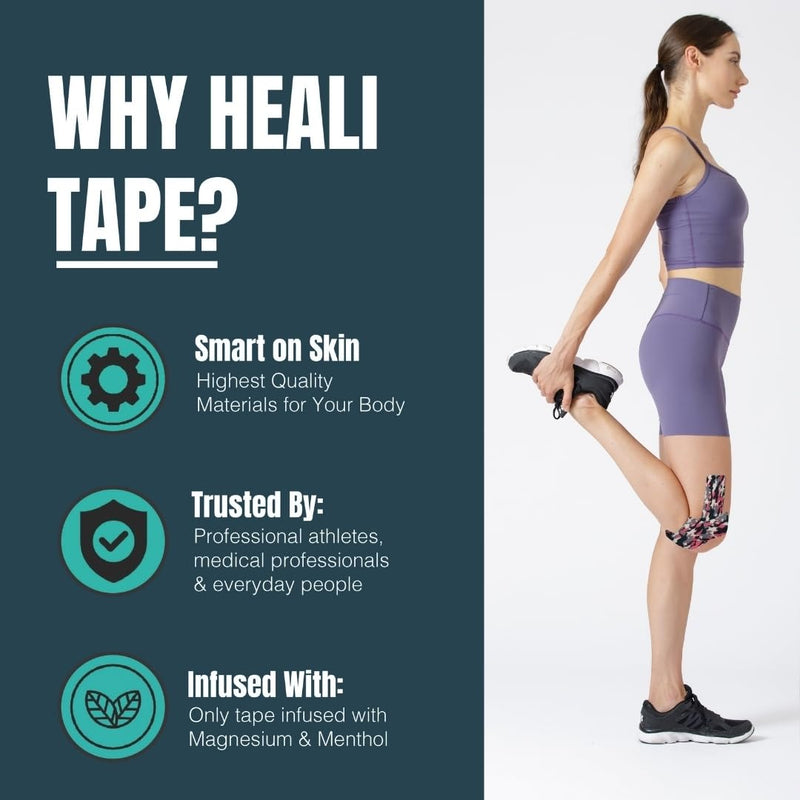 Heali Kinesiology Tape with Magnesium and Menthol, 20 Pcs Precut Strips, K Tape Roll, Knees, Sports Tape, Water Resistant - Eco - Pink Camo 1-Pack