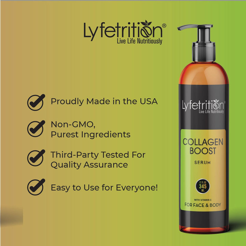 Lyfetrition Collagen Boost Face Serum Enriched With Vitamin C, Hyaluronic Acid & Jojoba Oil, Reduces Wrinkles, Heals, And Repairs Skin, Facial Serum For Visibly Firm And Smooth Skin, 12 Oz