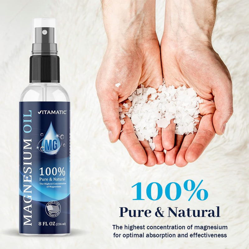 Vitamatic Pure Magnesium Oil Spray - 8 OZ - USP Grade Magnesium Spray, No Unhealthy Trace Minerals