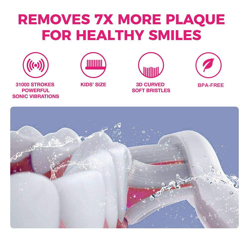 [Australia] - Vekkia Sonic Rechargeable Kids Electric Toothbrush, 3 Modes with Memory, Fun & Easy Cleaning, 24000 Strokes, IPX7 Waterproof, 2-Min Timer for Age 5+, 4 Soft Bristles(Pink) Pink 