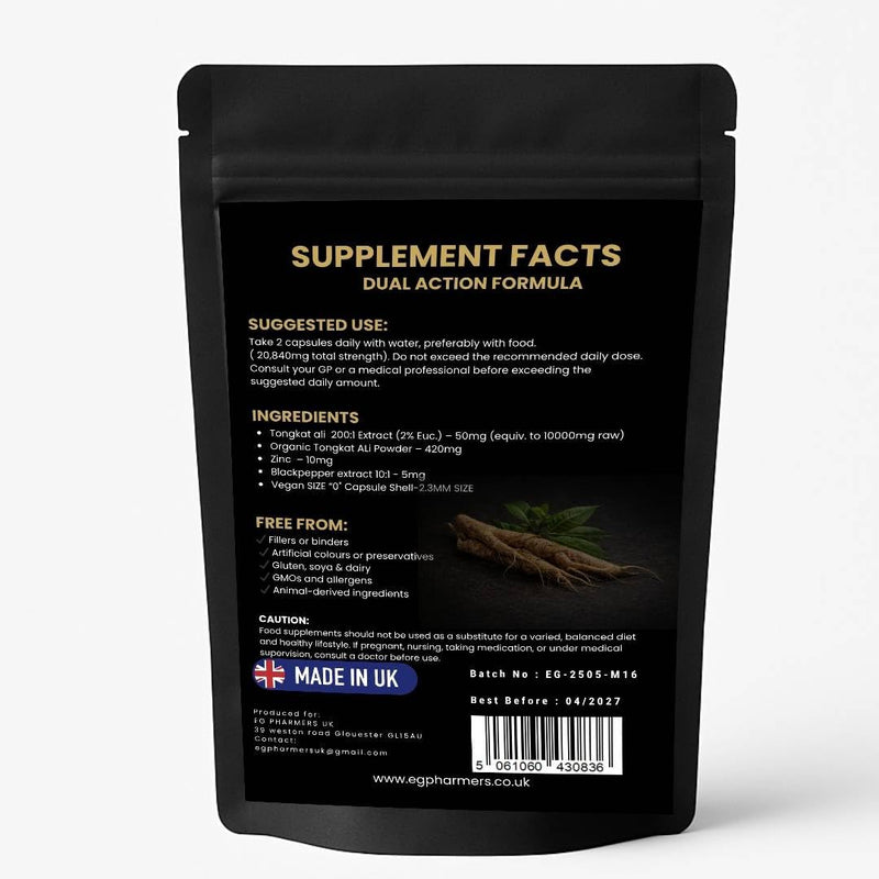 High Strength Malaysian TKA 2% | 200:1 Extract with Root Powder, Zinc & Black Pepper | 20,000mg Equivalent | Vegan | 90 Capsules | UK Made | Tong Ali