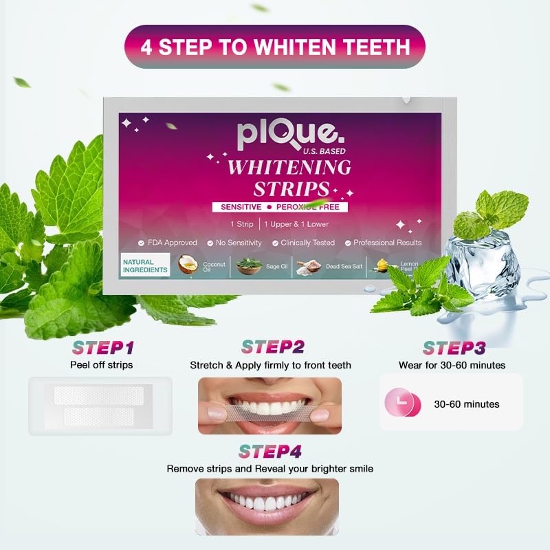 [Australia] - Peroxide Free Teeth Whitening Strips 14 Treatments - New Gentle Formula for Sensitive Teeth. Deep Stain Removal - Coconut Oil, Sage, Lemon Peel, Dead Sea Salt for Beautiful Bright Smile. (28 Strips) 