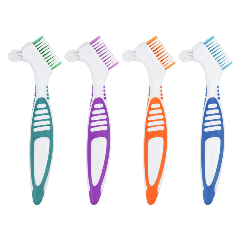 [Australia] - Pack of 4 Portable Denture Cleaning Brushes, with Multi-Layer Bristles and Ergonomic Rubber Handle, Portable Double-Sided Denture Brush for Denture Care (4 Colors) 