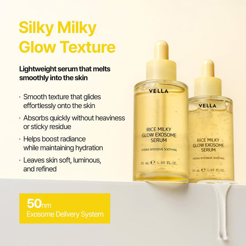 VELLA COSMETIC Rice Milky Glow Exosome Serum, K-Beauty Hydrating Face Serum with Rice Exosome, Glutathione & Vitamin Liposome, for Fresh, Glowy & Dewy-Looking Skin, All Skin Types, 1.69 fl oz (50 mL)