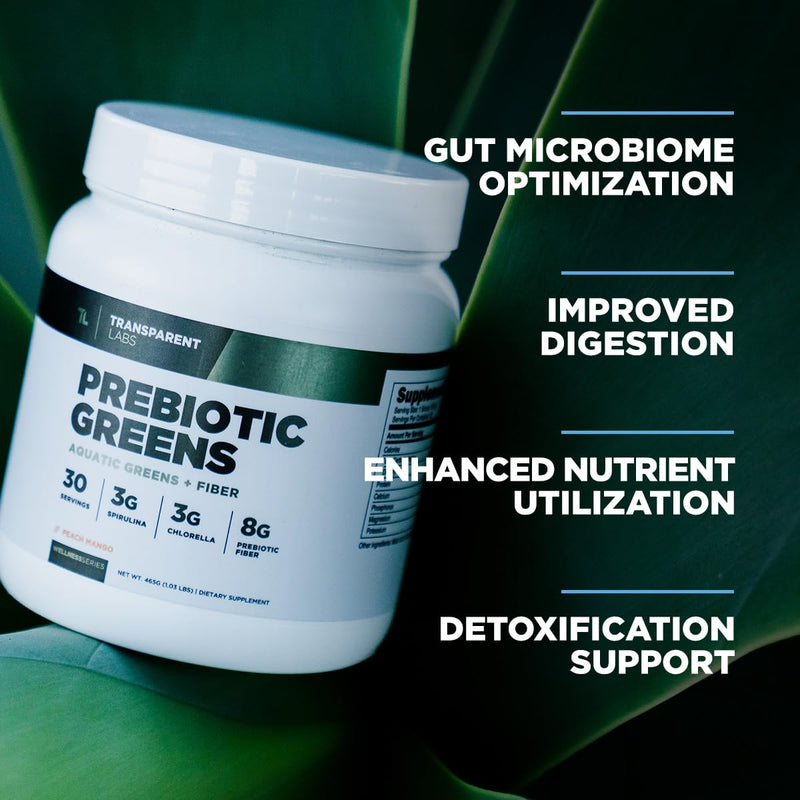 [Australia] - Transparent Labs Prebiotic Greens - Greens Superfood Powder & Antioxidants Supplement with Organic Spirulina, Organic Chloerra, Organic Acacia Powder, & Green Banana Powder - 30 Servings, Peach Mango 