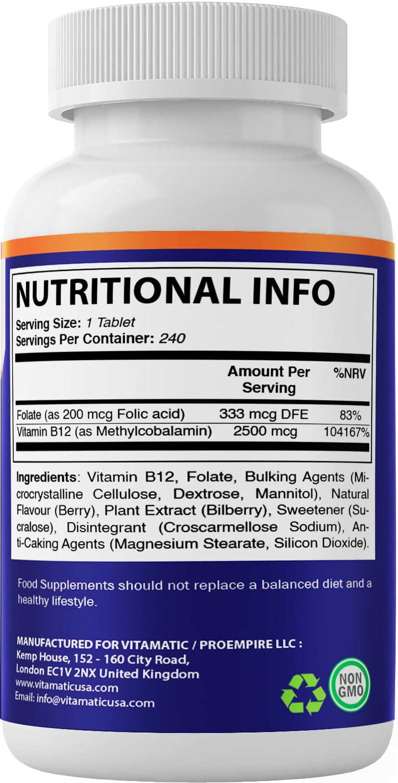 Vitamatic Methyl B12 2500 mcg with Folic Acid – Natural Berry Flavor – 240 Fast Dissolve Tablets – Methylcobalamin Vitamin B12 for Energy & Nervous System Support – Vegan & Non-GMO Supplement