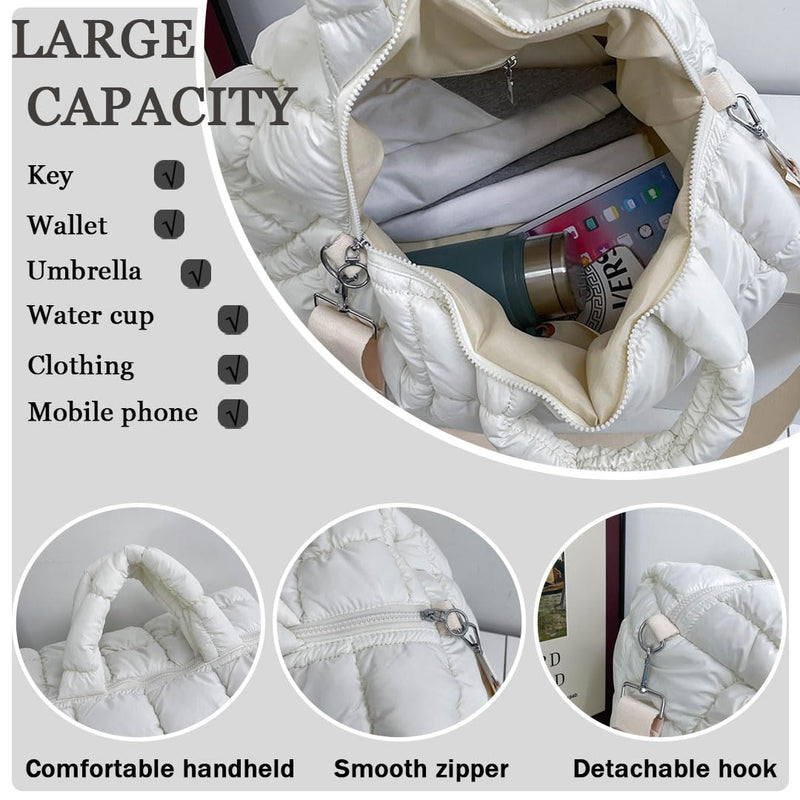 Puffer Tote Bag Quilted Duffle Bag for Women Puffy Crossbody Overnight Shoulder Handbag Large Weekender Bags Gym Travel Black