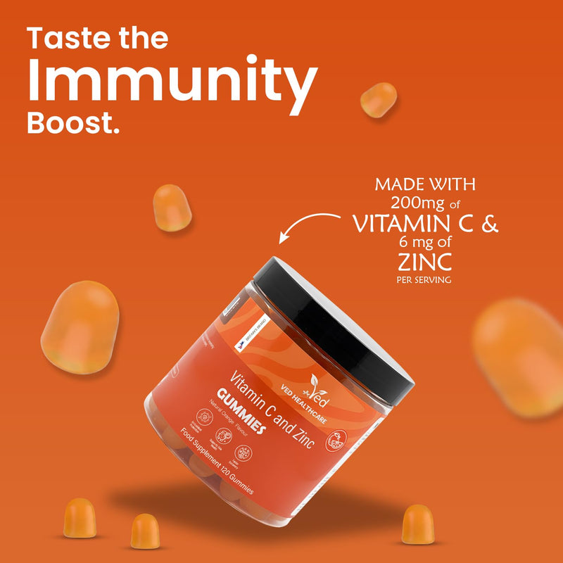 Vitamin C and Zinc Gummies, 120 Tasty Gummies, Natural Orange Flavour, 2 per Day, Gluten-GummiesFree, Non-GMO & Vegan-Friendly, Easy to Chew, Bioavailable Forms (L-Ascorbic Acid & Zinc Citrate)