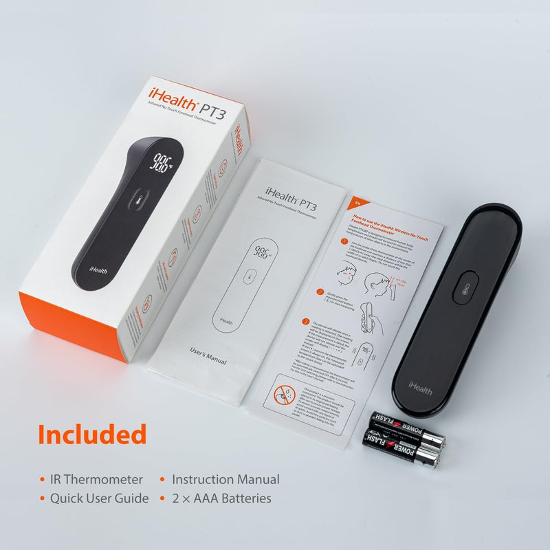 [Australia] - iHealth No-Touch Digital Forehead Thermometer for Adults, Babies, Kids, 3 Ultra-Sensitive Sensors, Quiet Vibration Feedback, Large LED Digits, Easy to Use for Home, PT3 Black 