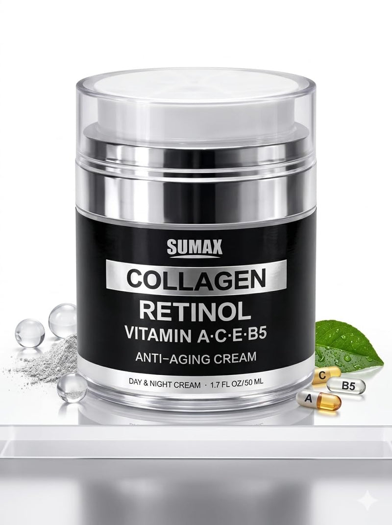 Anti Aging Face Moisturizer with Collagen, Retinol, Vitamins & Hyaluronic acid. Moisturizing Face Cream for Women & Men. Day and Night Skin Care for Smoother Looking Skin. Collagen & Retinol Cream
