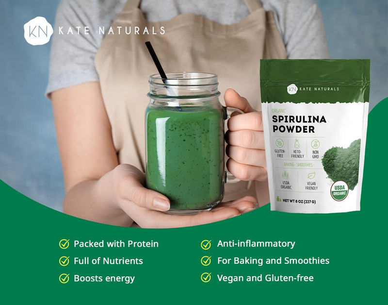 [Australia] - Kate Naturals Organic Spirulina Powder for Immune Support and Antioxidants. Nutrient Dense Superfood Supplement (8 oz, USDA Certified, Non-GMO, Gluten- Free) 8 Ounce (Pack of 1) 