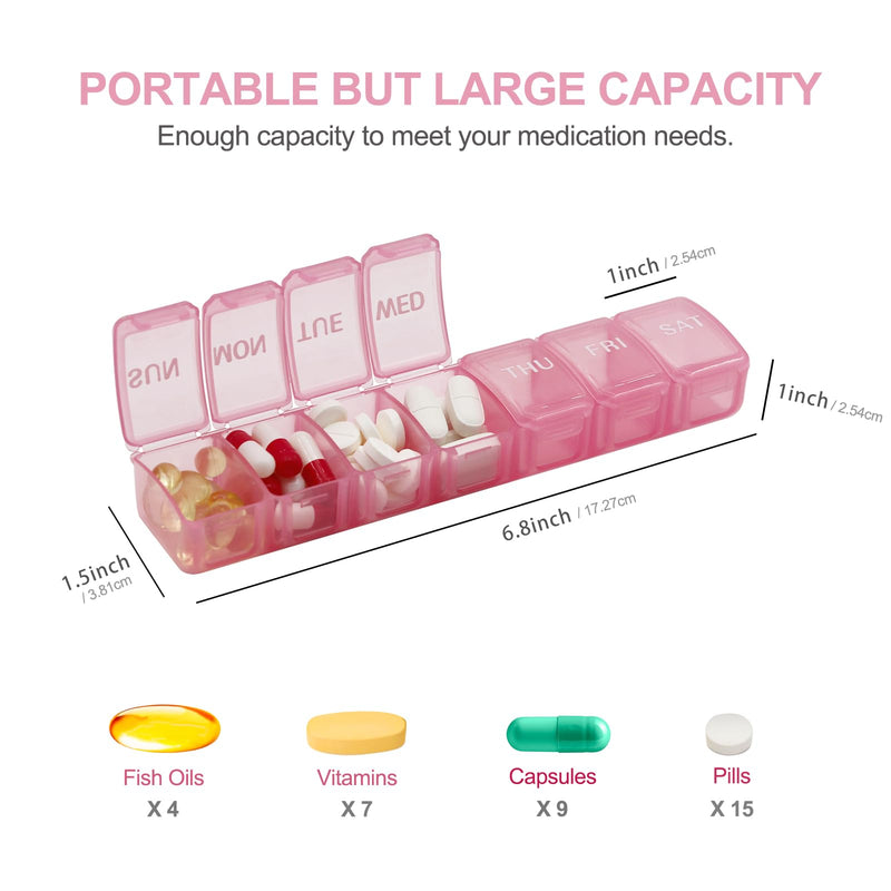 2 PCS Large Weekly Pill Organizer, 7 Day Daily Pill Box Case Easy to Open, Silkscreen Printed Medicine Container with Clear Lid for Vitamins, Fish Oils or Supplements (Pink) Pink