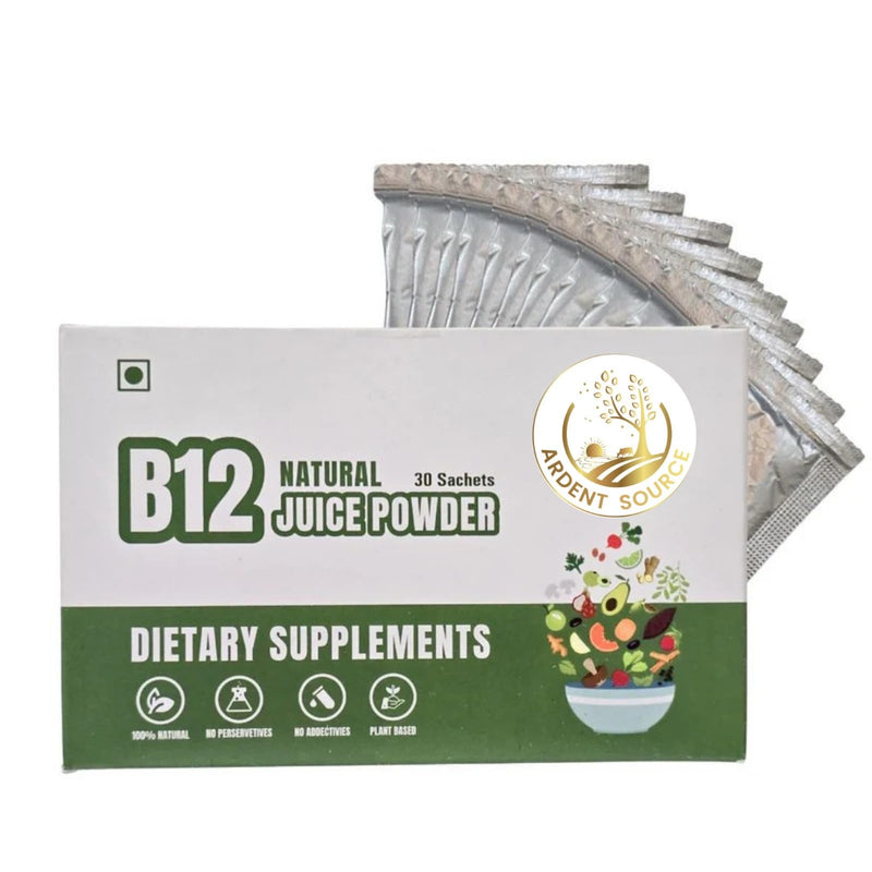 B12 Natural Juice Powder Sachets, Plant Based Dietary Supplement Drink Mix with Amla, Moringa & Beetroot, No Preservatives or Additives, Daily Wellness Supplement (30 Sachets)
