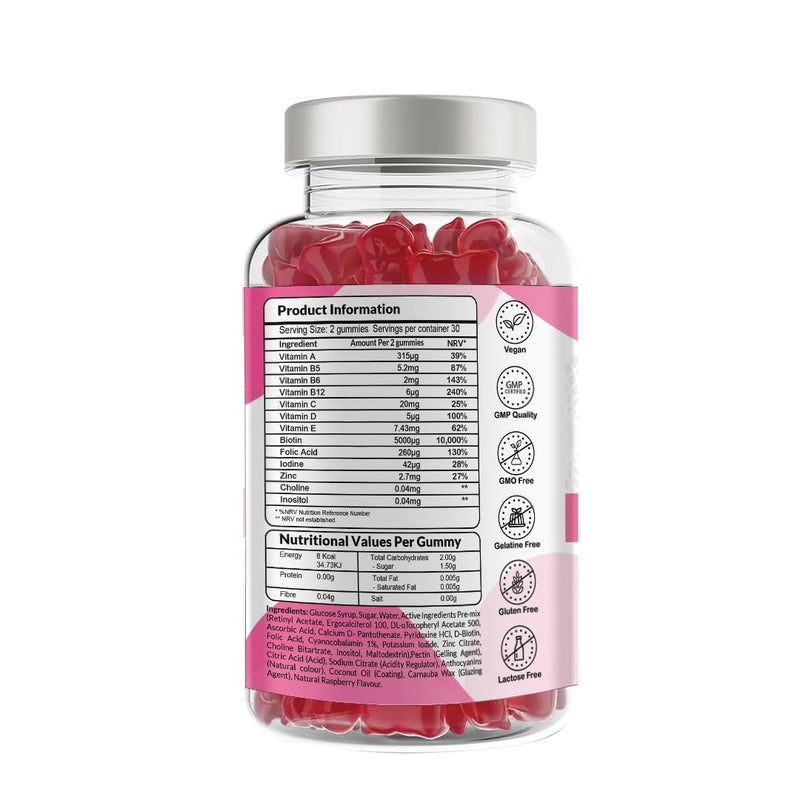 Pharmanostix Ultra Hair, Skin & Nail Gummies - Biotin 5000μg, Zinc, Vitamin D3, Choline, Vitamin C - 60 Vegan Raspberry Flavour Gummies - Gluten, Dairy, Soy & GMO Free