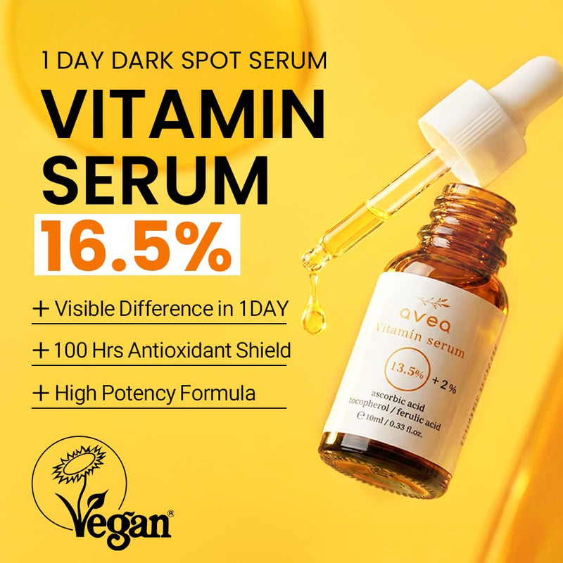AVEA Vitamin Serum 16.5 – 13.5% Pure Vitamin C + Ascorbyl Glucoside, Vitamin E & Ferulic Acid – Radiance & Even-Tone Support – Lightweight, Non-Sticky Formula – 10ml / 0.33 fl oz