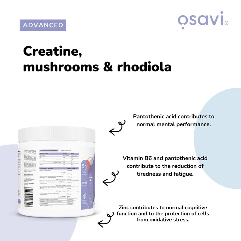 Osavi Creatine + Mushrooms & Rhodiola – 300 g Powder | Cherry & Strawberry | with Lion’s Mane, Cordyceps & Chaga | Increases Performance in Short Bursts of high Intensity Exercise | B6, B5, Zinc