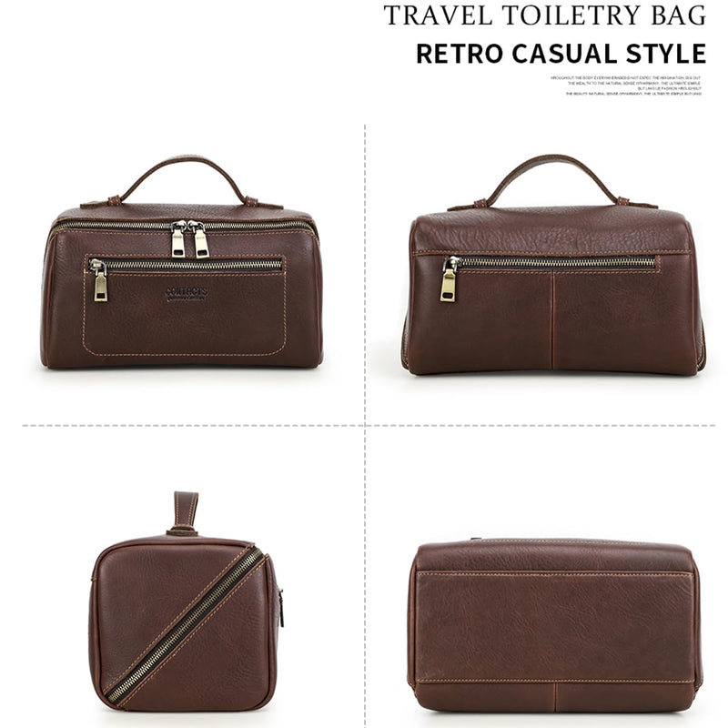 CONTACTS Full Grain Leather Travel Toiletry Bag for Men Large Wash Bag with Handle Bathroom Shaving Dopp Kit Toiletries Organizer Vintage Cosmetic Bag Red Brown