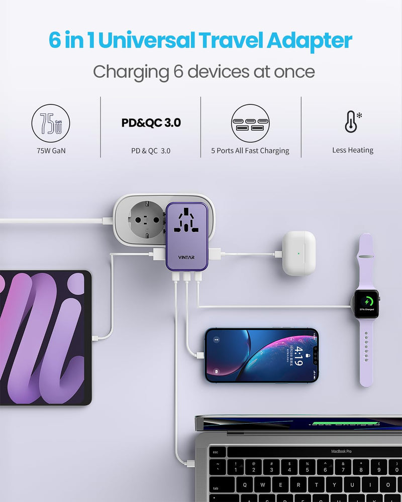 VINTAR GaN Universal Travel Adapter 75W, 6-in-1 with 3USB-C PD & 2USB-A QC | International Power Adapter for EU/UK/US/AU, Fast Charging for Laptops/Tablets/Phones, Type C/G/A/I Plug, Purple 75W Purple