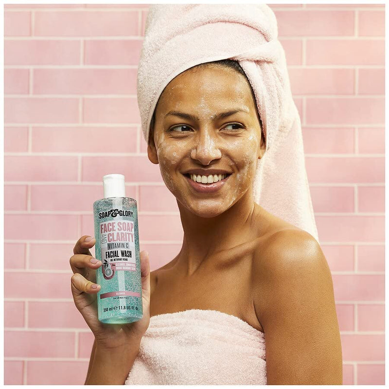 Soap & Glory Face Soap & Clarity, 3-in-1 Cleansing Gel, 11.8 oz | Multi-Use Vitamin C Facial Wash, Makeup Remover & Gentle Exfoliator, Purifies, Brightens & Hydrates Dull Skin, Sulfate-Free 11.8 Fl Oz (Pack of 1)