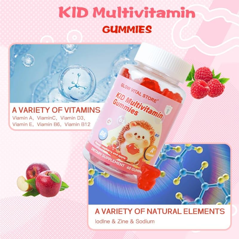 Kids Multivitamin Gummies – Vitamins A, C, D3, B6, B12 for Immune & Brain Support – Raspberry & Apple Flavor – Vegan, Non-GMO, Gluten-Free – 60 Gummies – Glow Vital Store (1) 1