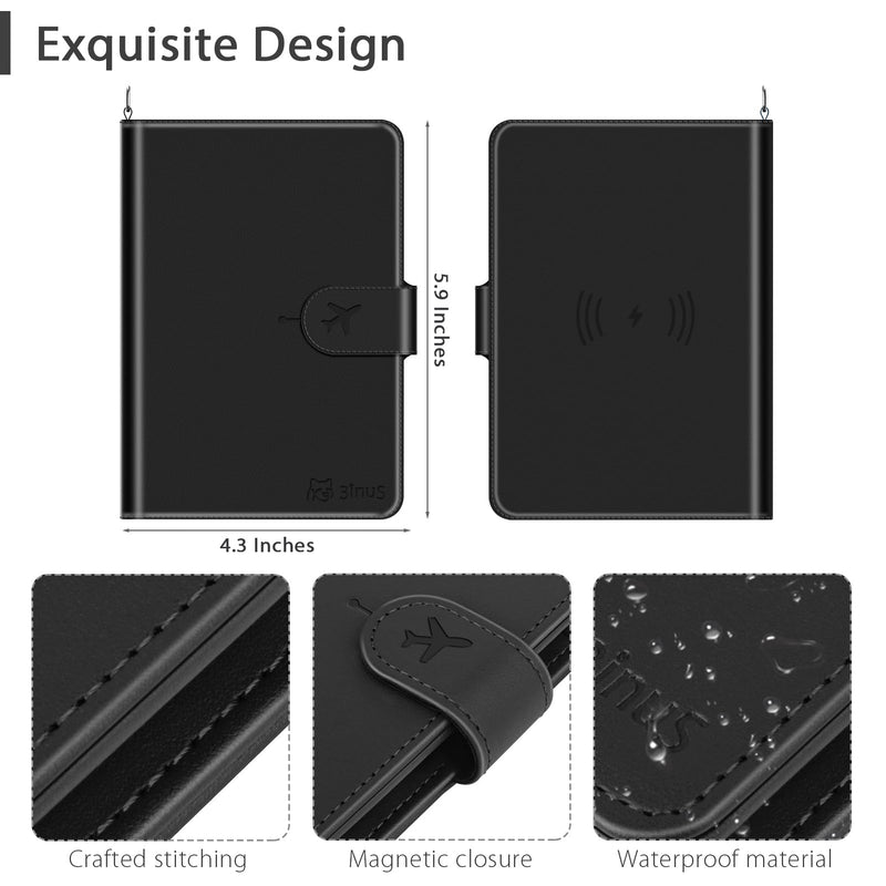 Passport Holder for Travel with Apple Find My,Waterproof RFID Blocking Passport Cover with 4 Card Slots, Wireless Charging, Magnetic Closure, Black
