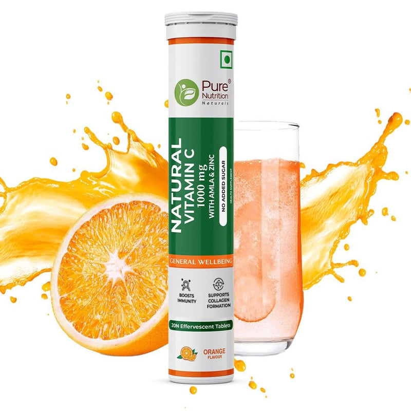 Pure Nutrition Vitamin C & Zinc, 40 Effervescent Tablets (20 x 2), Orange Flavour, 1000mg Amla Extract, Supports Skin, Immunity & Daily Wellness for Men & Women