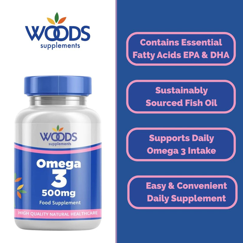Woods Supplements - Omega 3 Pure Fish Oil 500mg Capsules (180x). High Strength Omega 3 with EPA & DHA. Sustainably Sourced. Essential Fatty Acids for Heart, Brain & Immune Boost. Fish Oil Supplements 180