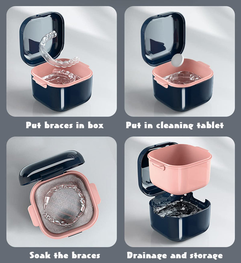 [Australia] - MURRI&MURRDI Retainer Case 2 Pack, Denture Case with Mirror, Denture Bath Box with Strainer Basket, Cute Denture Holder Mouthguard Storage Soak Container for Travel, Braces Cleaner Kit (C Dark Blue) C Dark Blue 