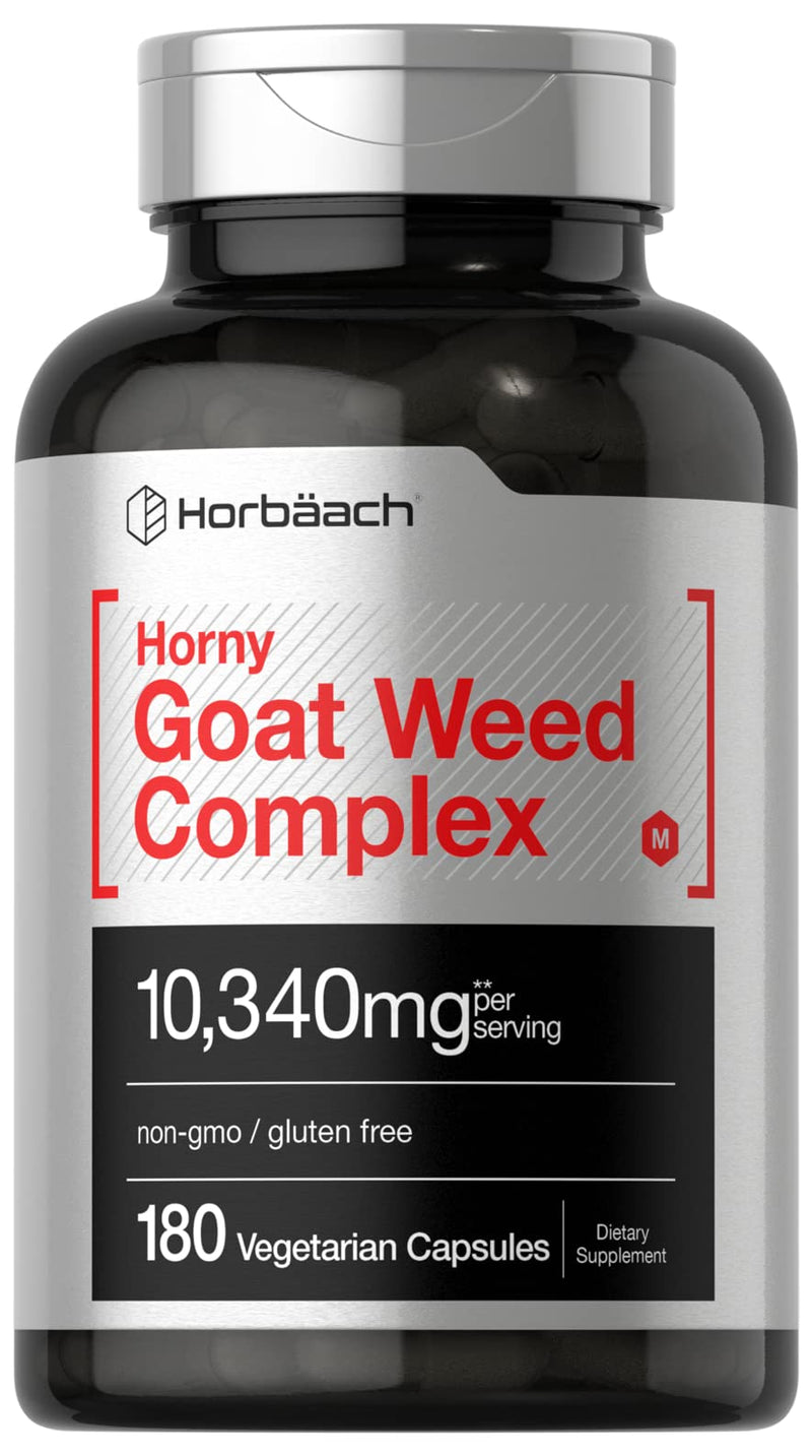 Horbäach Horny Goat Weed Complex | 10,340 mg | 180 Capsules | Vegetarian, Non-GMO, and Gluten Free Formula with Tribulus, Maca, Yohimbe, and L-Arginine