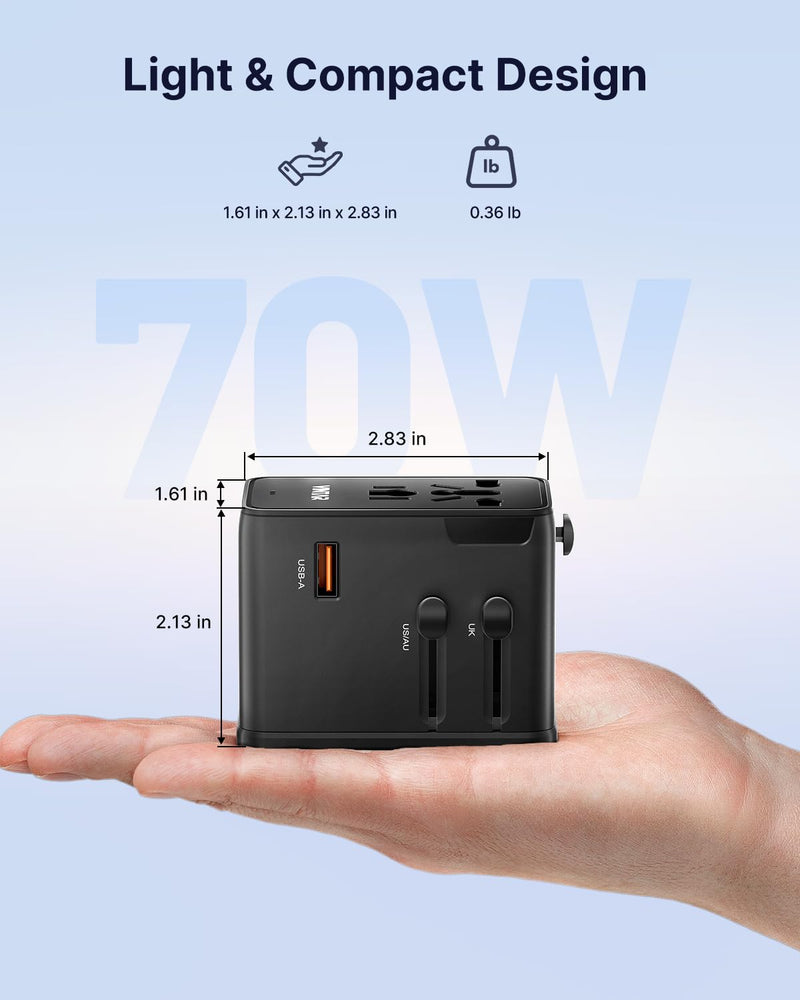 VINTAR Universal Travel Adapter 70W GaN, 5-in-1 with 3USB-C PD & 1USB-A QC | International Power Adapter, Fast Charging for Laptops/Tablets/Phones, All-in-One Travel Essentials for EU/UK/US/AU, Black 70W Black1
