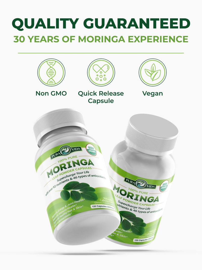 PURA VIDA MORINGA Organic Moringa Capsules Single Origin Moringa Powder Organic. Pure Moringa Leaf. Energy, Metabolism, & Immune Support. 120ct. 500mg Caps (Pack of 2)
