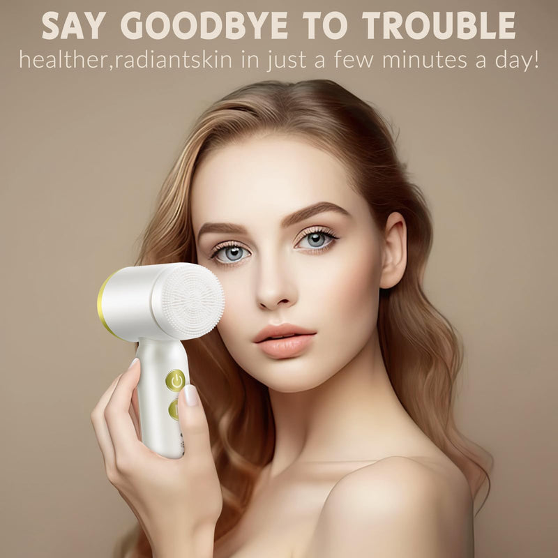 [Australia] - Landmore Facial Cleansing Brush, 8 in 1 Spin Face Wash Brush Rechargable Waterproof Face Scrubber with 6 Brush Heads, 3 Speeds for Deep Cleansing, Exfoliator, Thermal & Cold Massager Skin Care, White 