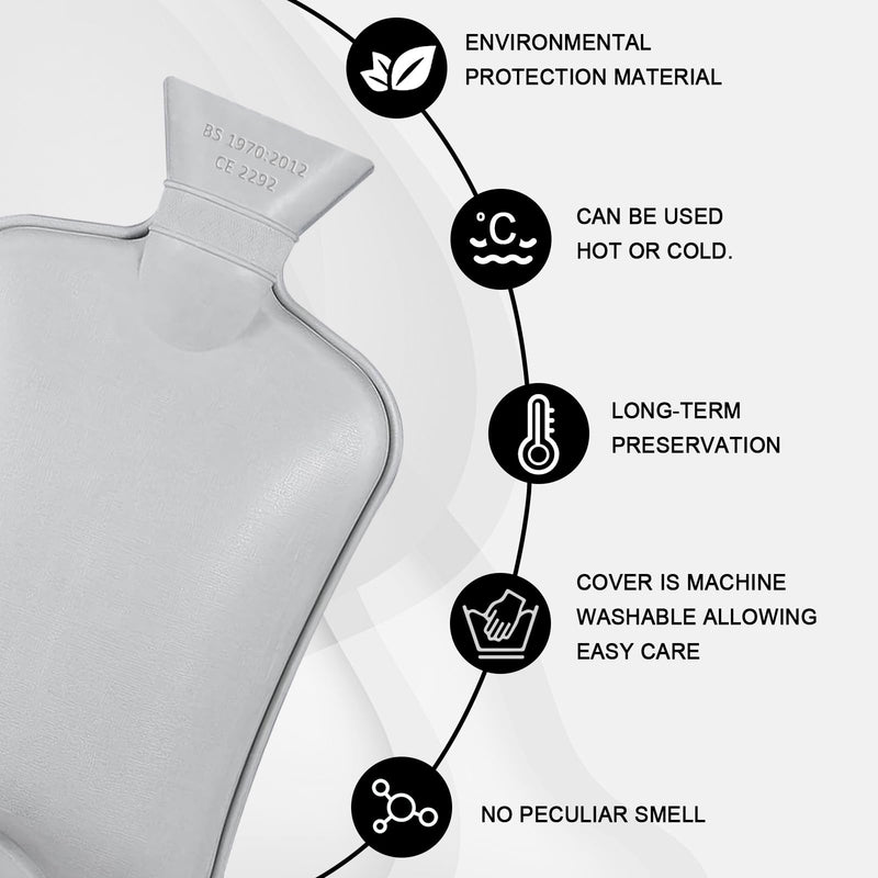 [Australia] - Jsdoin Hot Water Bottle with Cover - 2.0L Hot Water Bottles Leak-Proof, Natural Rubber + Bed Bottle Fluffy, Hot Water Bottle for Neck and Shoulder, Back, Legs, Waist Warming (Grey) Grey 