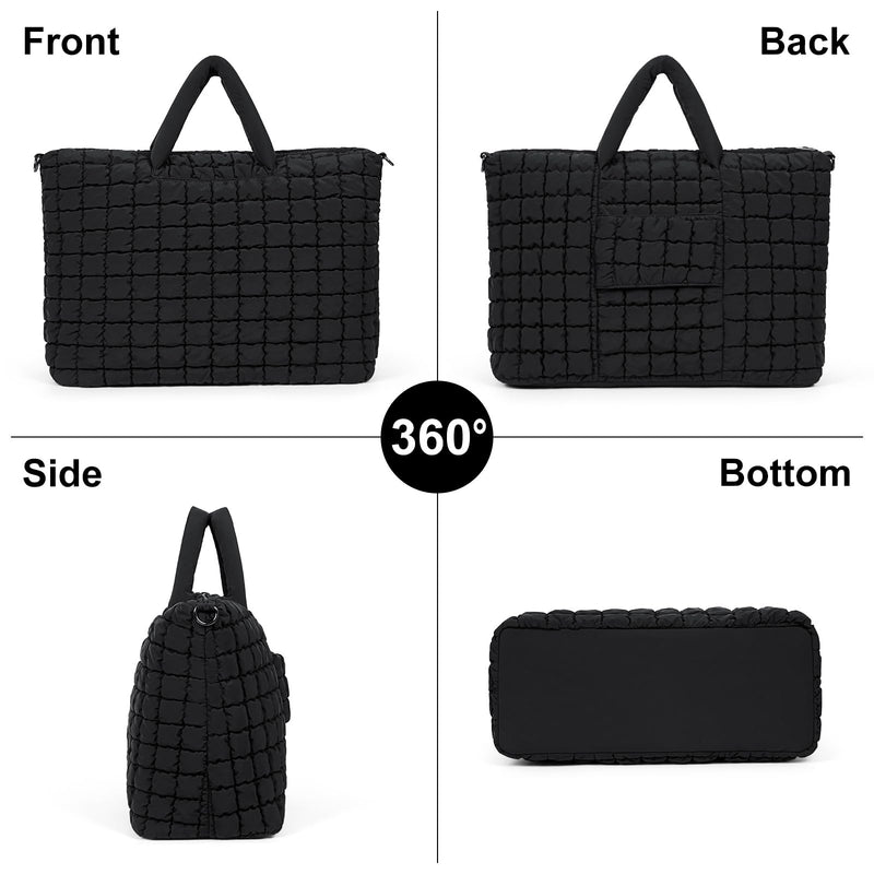 Quilted Duffle Bag for Travel, Large Puffer Duffel Weekender Bags Soft Gym Tote, Big Puffy Carry on Luggage Overnight Black