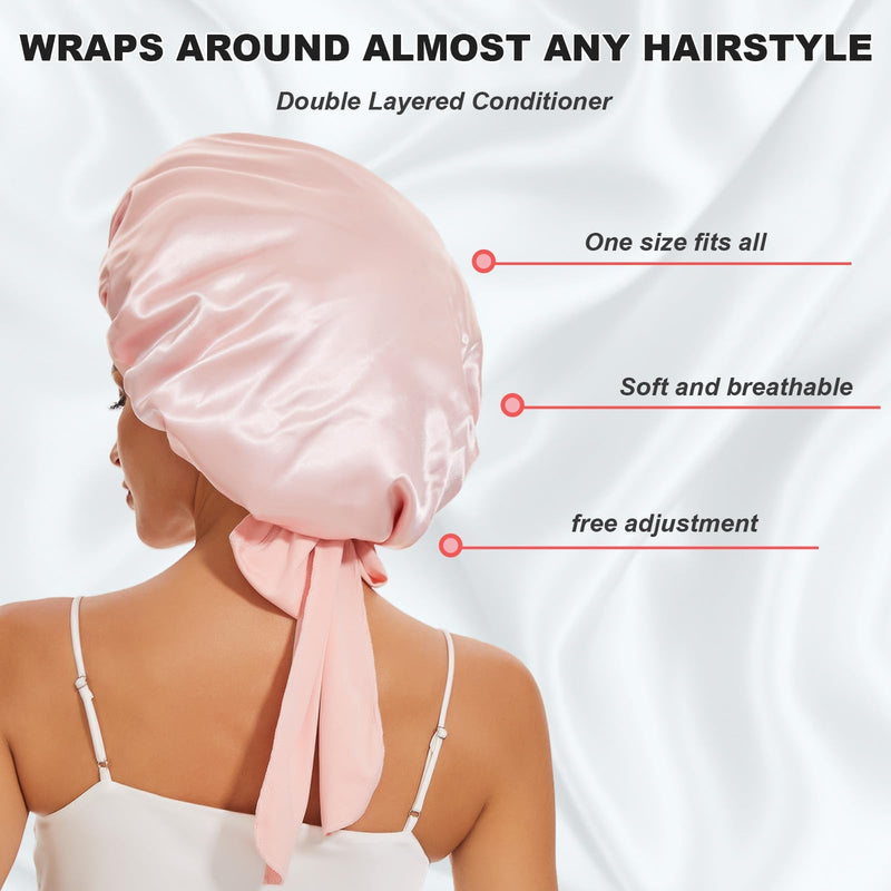 [Australia] - Large Silk Bonnet for Sleeping, Satin Hair Bonnet for Sleeping with Tie Band, Double Layer Satin Bonnets for Women Natural Curly Hair Shower cap Sakura Pink 