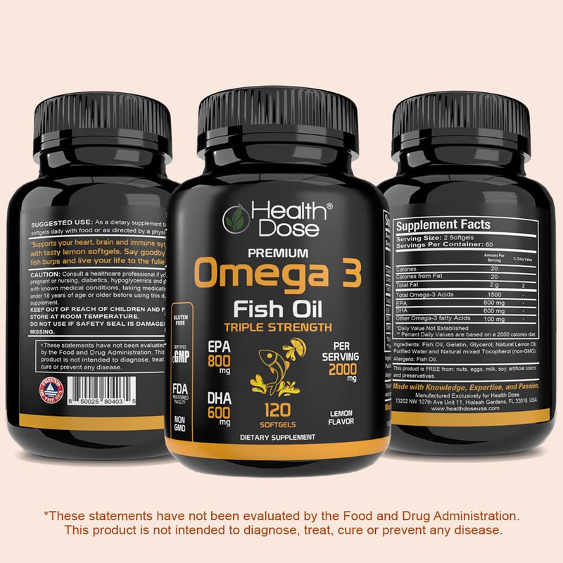 Health Dose Omega 3 Fish Oil 2000mg – Lemon-Flavored Softgels with EPA 800mg & DHA 600mg for Brain, Heart, and Wellness Support – Easy-to-Digest, No Fish Burps – 120 Softgels, 2-Month Supply 1