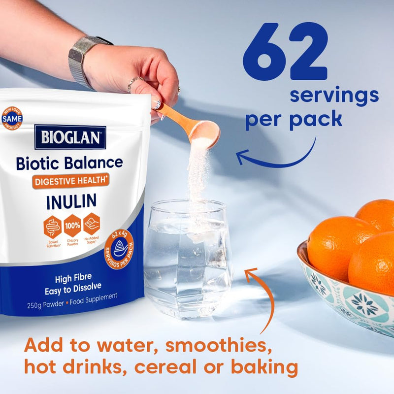 Bioglan Inulin Powder 250g | Chicory Root Fibre Supplement | Soluble Fibre for Normal Bowel Function | Vegan, Unflavoured | 3 Weeks Supply