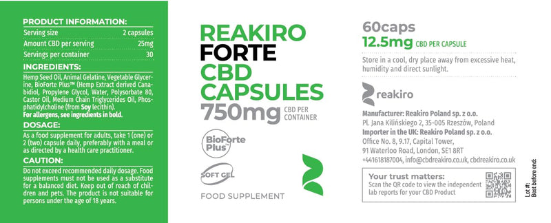 Reakiro Forte CBD Soft Gel Capsules 750mg 60pcs | Fast-Acting CBD Capsules with BioForte Plus | 12mg Cannabidiol Oil per Capsule I High Strength | Stress & Anxiety Relief